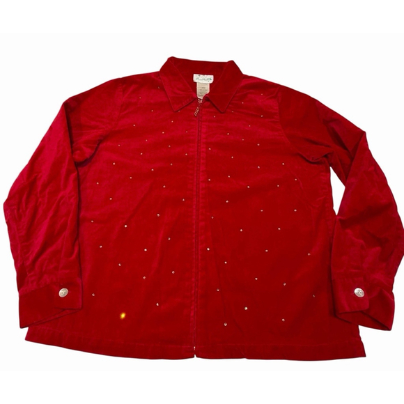 Quacker Factory Jacket Womens Size L Red Velvet Rhinestone Long Sleeves Top Zip - Picture 1 of 9